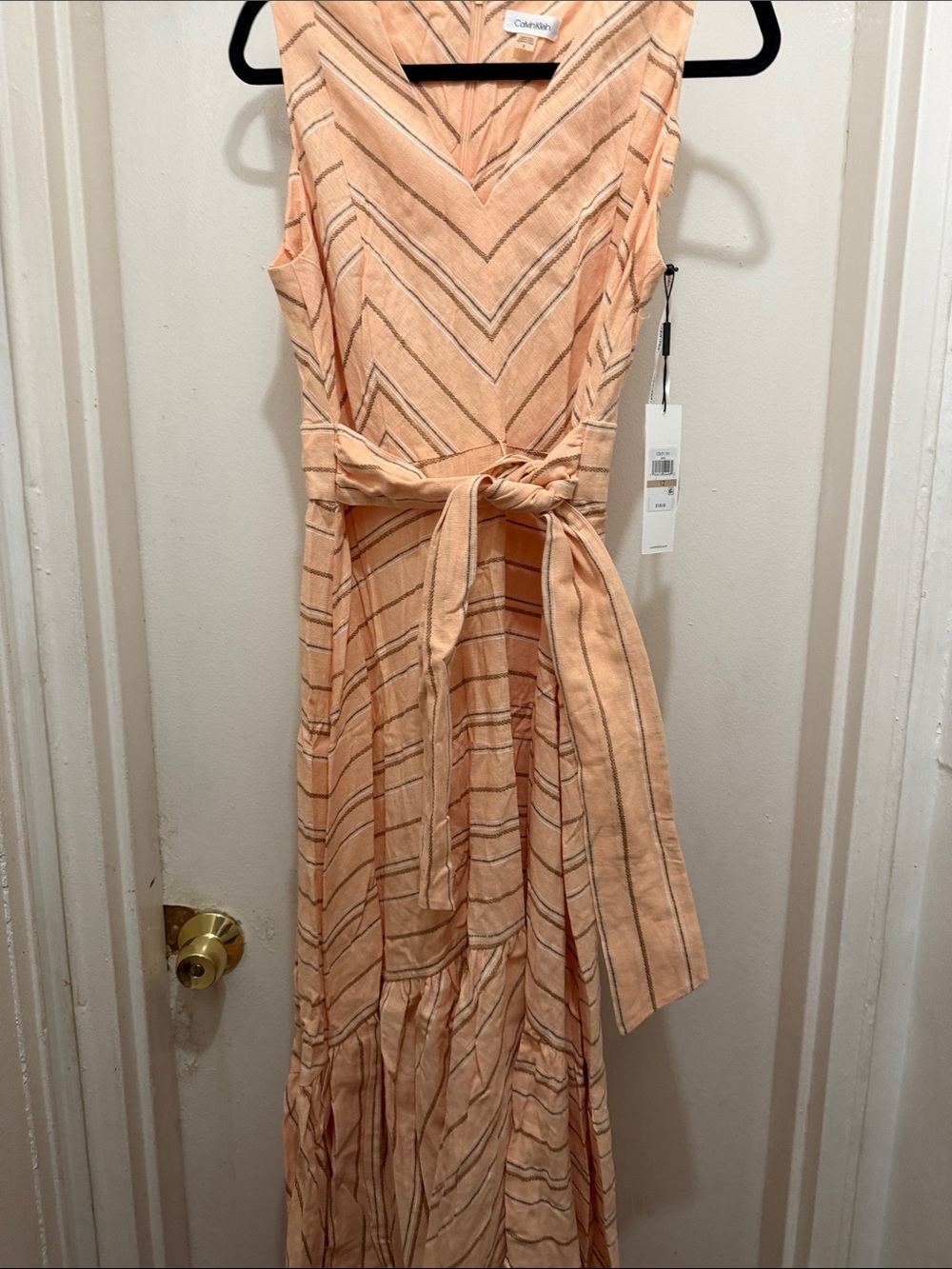 Calvin Klein Peach and Cream Striped Sleeveless Maxi Dress with Tie Waist